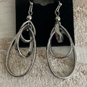 Triple  Intertwined Dangle Silver Tone Hammered Edge Hoops Earrings